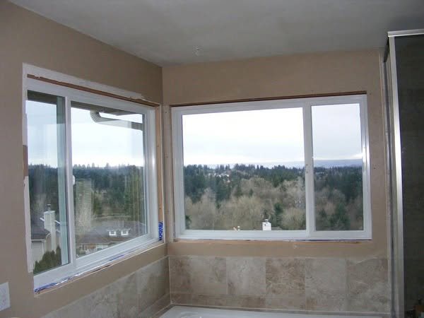 Replacement windows at a corner bay, interior view, Sammamish WA